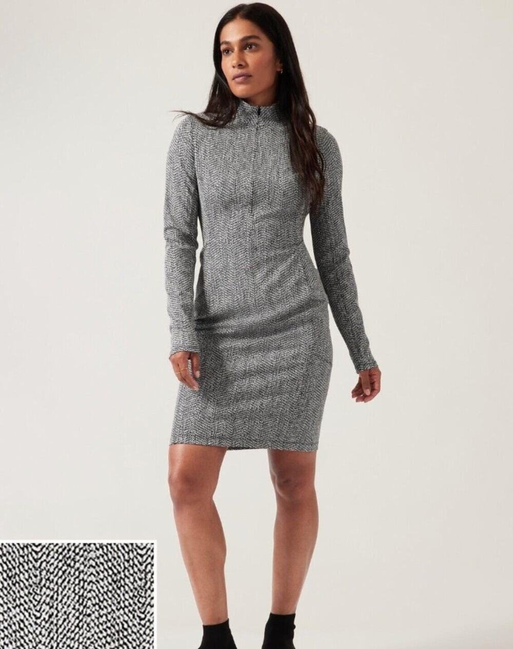 Athleta Delancey Textured Dress Braiden Black White Mock Neck Zip Pocket Size S